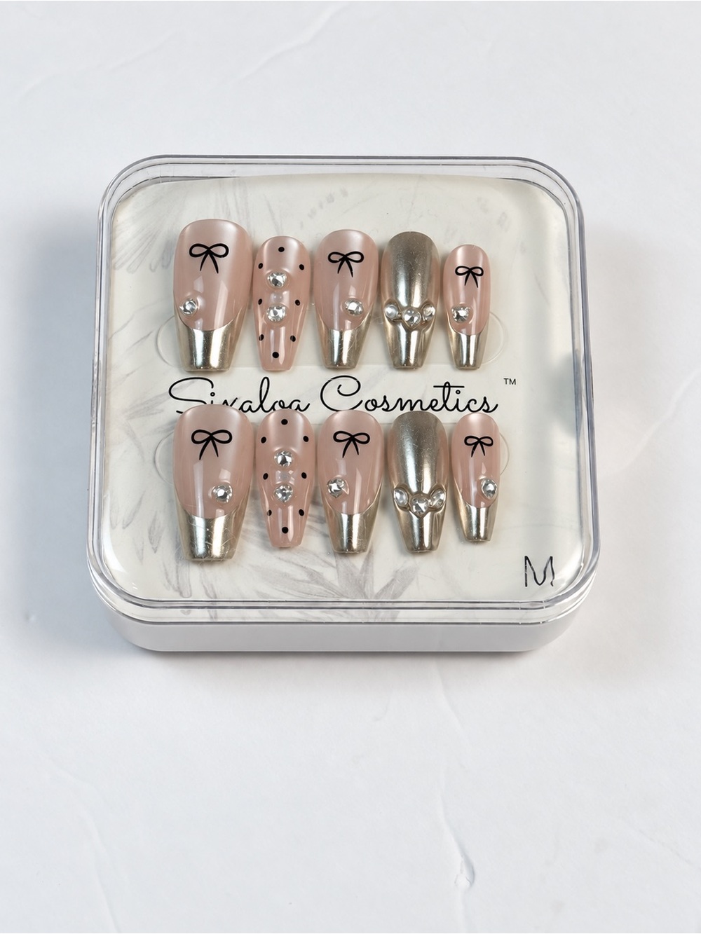 Sixaloa Cosmetics Pink & Silver Chrome Bow Press-On Nails – Size M